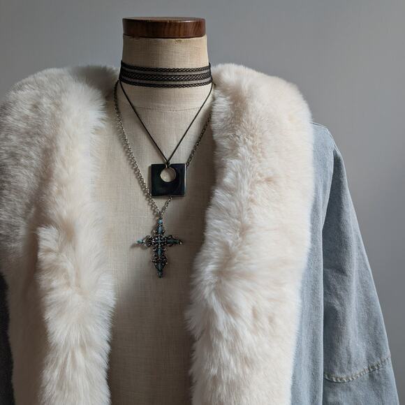 Y2K Faux Fur Penny Lane Afghan Coat Denim Trench Coat 90s Boho Jean Jacket Med - Picture 8 of 8